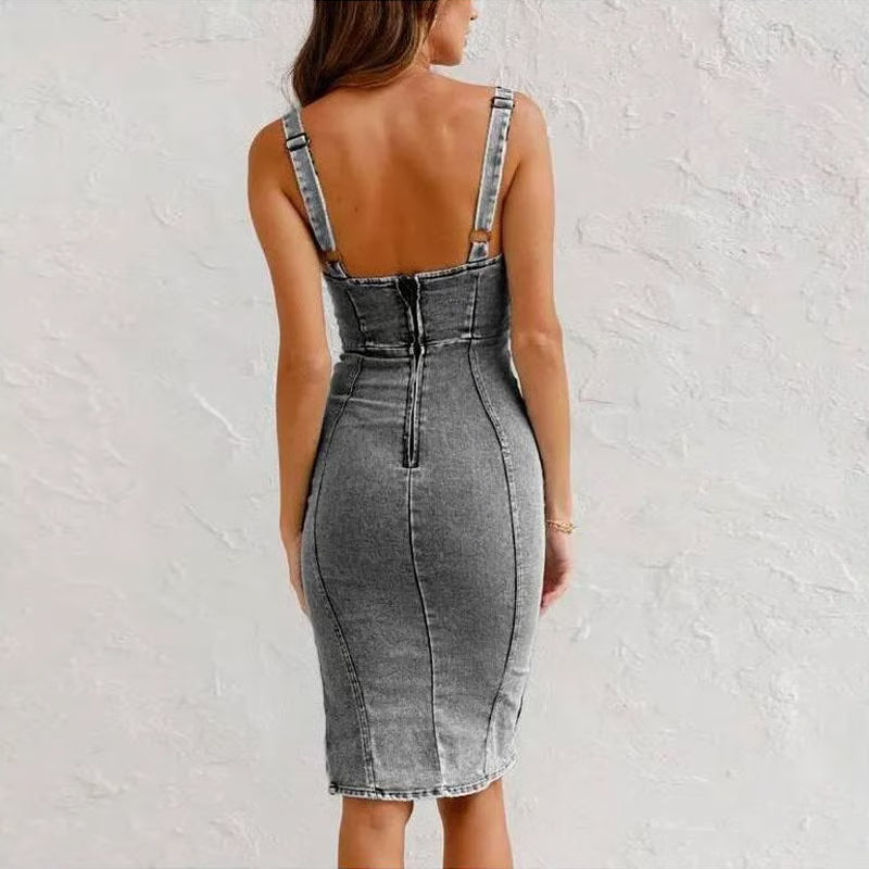 Robe denim moulante | Meilleure vente & Bretelles réglables | Fente subtile 🌟【-50%】